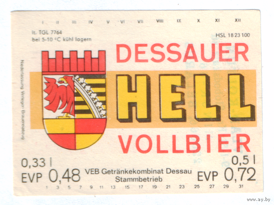 Этикетка пива Dessauer Hell Германия П826
