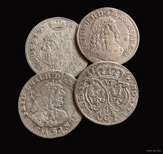 4 ШЕСТИГРОШОВИКА БРАНДЕНБУРГ- ПРУССИЯ 1683,1686, 1687 г.г. ФРИДРИХ I и КОРОЛЕВСТВО ПРУССИЯ 1757 г. ФРИДРИХ II
