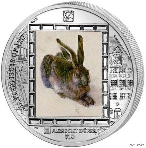 Британские Виргинские острова 10 долларов 2011г. Шедевры искусства: "Альбрехта Дюрера - Заяц (Кролик)". Монета в капсуле; подарочном футляре; сертификат; коробка. СЕРЕБРО 31,10гр.(1 oz).