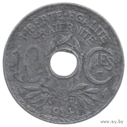ФРАНЦУЗСКОЕ ГОСУДАРСТВО. 10 САНТИМОВ 1941. ВАРИАНТ С ПОДЧЕРКИВАНИЕМ И БЕЗ ТОЧЕК.