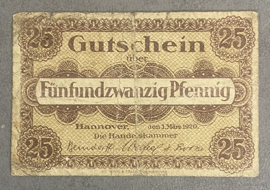 Нотгельд 25 пфеннигов 1920 год. Ганновер. Веймарская республика.