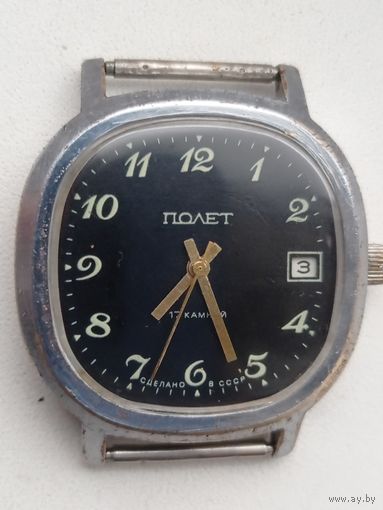 Часы Полет. Баланс цел, встряхнешь, некоторое время идут и останавливаются. Календарь перебрасывается. Требуется обслуживание,т.к долго лежали без хода.