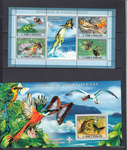 Фауна. Бабочки и птицы. Сан-Томе и Принсипе. 2007. 1 малый лист и 1 блок. Michel N 3004-3043, бл589-598 (23.0 е)