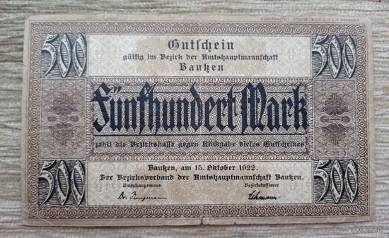 Werty71 Германия 500 марок 1922 банкнота Гроссгельд Баутцен