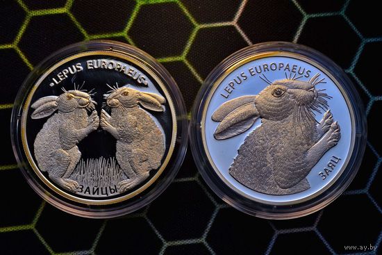 Заяц, Зайцы, 20+20 рублей 2014г., Серебро.