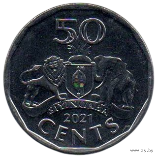 КОРОЛЕВСТВО ЭСВАТИНИ. 50 ЦЕНТОВ 2021. ФАУНА. СЛОН. ЛЕВ.  Новое название государства- ESWATINI
