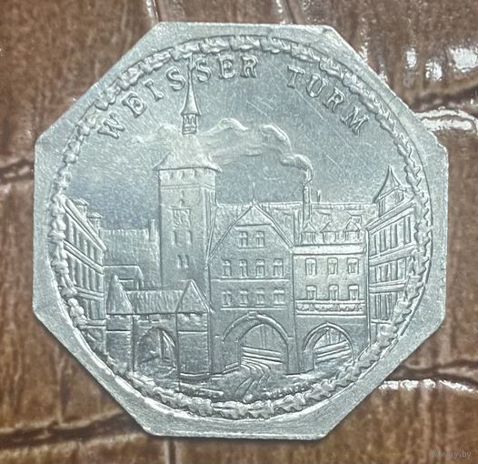 Германия Нюрнберг нотгельд 20 пфеннигов 1919 год. Белая башня. трамвайный жетон