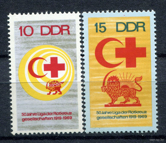 ГДР - 1969г. - 50 лет Лиге Общества Красного Креста и Красного Полумесяца - 2 марки - полная серия, MNH, 1 марка с незначительным повреждением клея [Mi 1466-1467]. #O-Se-Z-1-33