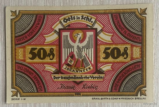 Нотгельд 50 пфеннигов 1921 год. Олс; Кауфманнишер Ферейн. Веймарская республика