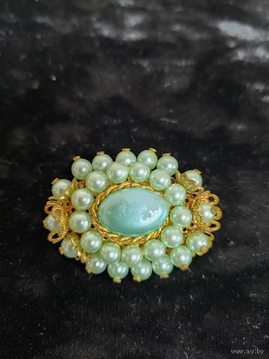 Винтажная наборная брошь Чехословакия "голубой жемчуг", нюансы на фото