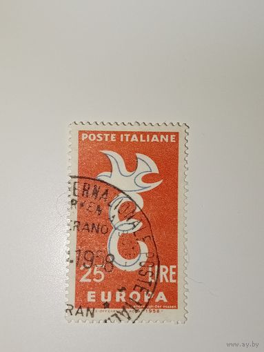 Италия 1958 из серии "Europa CEPT", изображающая голубя над буквой "E".