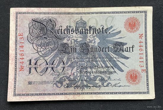100 марок 1908 год / Германская империя банкнота тип 1883 года Blauer Hunderter / номер семь знаков, красная печать (5)
