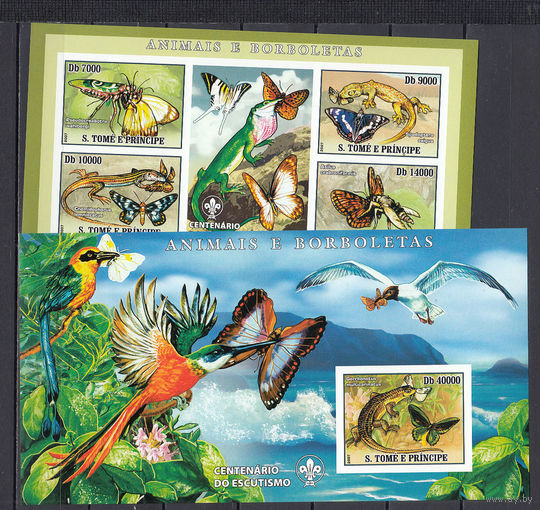 Фауна. Бабочки и птицы. Сан-Томе и Принсипе. 2007. 1 малый лист и 1 блок б/з. Michel N 3004-3043, бл589-598 (23.0 е)