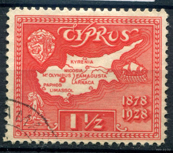 Британские колонии - Кипр - 1928г. - 50 лет британского правления, карта Кипра, 1 1/2 Pia - 1 марка - гашёная [Mi 110]. #4-B6-112-A-1