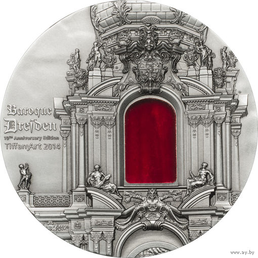 RARE Палау 10 долларов 2014г. Тиффани "Tiffany Art: Барокко Дрезден. Baroque Dresden". Монета в капсуле; подарочном футляре; сертификат; коробка. СЕРЕБРО 62,20гр.(2 oz).