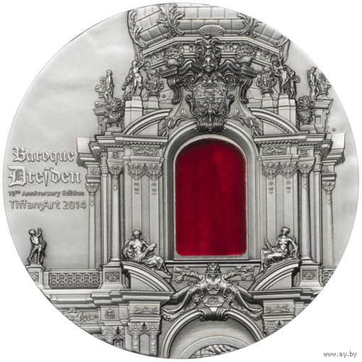 RARE Палау 10 долларов 2014г. Тиффани "Tiffany Art: Барокко Дрезден. Baroque Dresden". Монета в капсуле; подарочном футляре; сертификат; коробка. СЕРЕБРО 62,20гр.(2 oz).