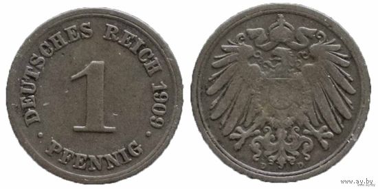 YS: Германия, Рейх, 1 пфенниг 1909D, KM# 10