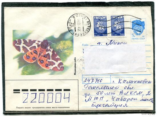 Беларусь. ХМК. Конверт п.п. Бабочка Медведица-кайя. Штемпель Калинковичи 1993