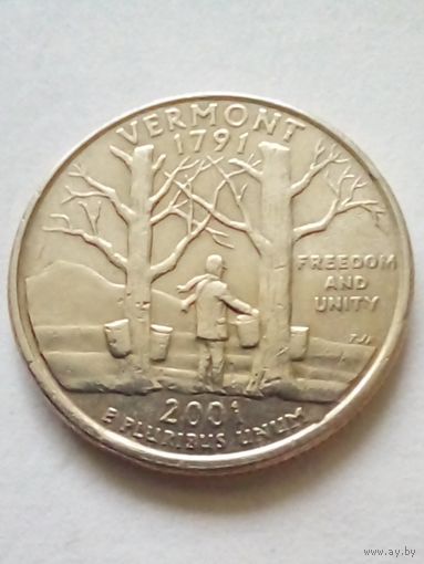 США,25 центов,квотер2001Р,штат Вермонт