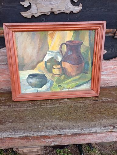 Старая картина "Крестьянский скарб" масло на фанере, красивая!