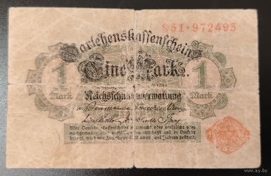 1 марка Кайзеровская Германия 1914 г. Красная печать