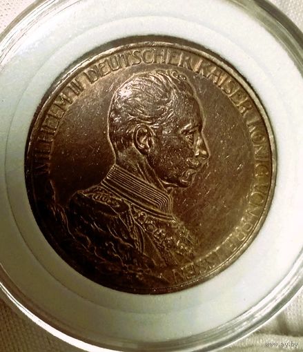 3 марки 1913, Пруссия, Вильгельм II в мундире, благородная патина, отличная! в коллекцию!