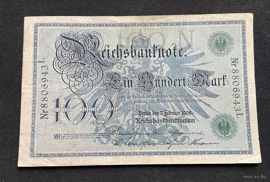100 марок 1908 год / Германская империя банкнота тип 1883 года Blauer Hunderter / номер семь знаков, зелёная печать (1)