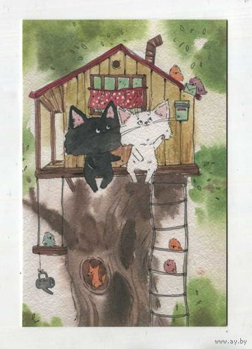 Открытка. Коты. Котики. Семья. Животные. Домик на дереве. Письма. почтовый ящик. Лето. Худож. А.Еременко (чистая)