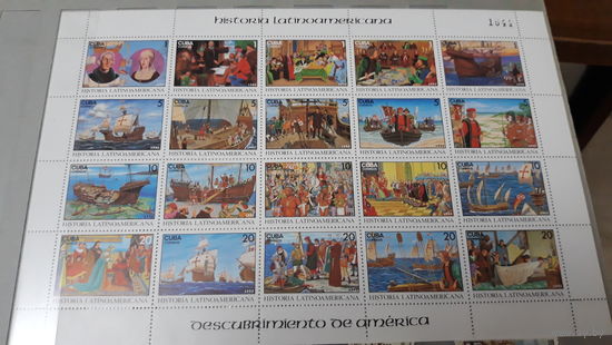 Парусники, корабли, транспорт, флот, исторические события, марки Куба 1992 блок - История латинской Америки, фауна, птицы, попугаи, лошади, флаги, гербы, карты.