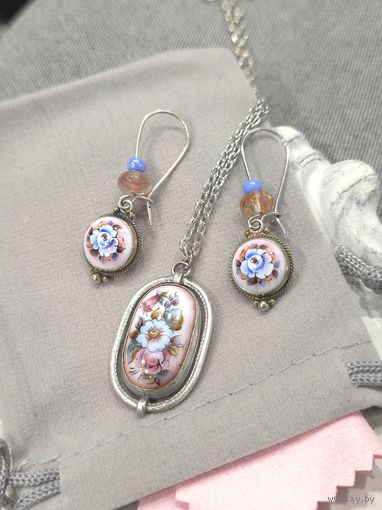 Серьги с кулоном скань, финифть, винтаж, СССР, мельхиор