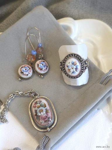 Серьги, кулон, кольцо скань, финифть, винтаж, СССР, мельхиор