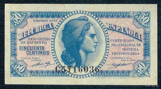 Испания 50 сантимов 1937 год.