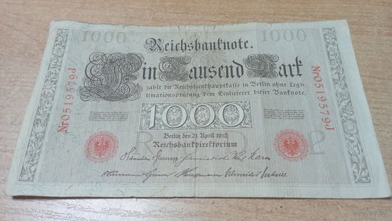 1000 марок 1910 года Германии 0519579 красный номер