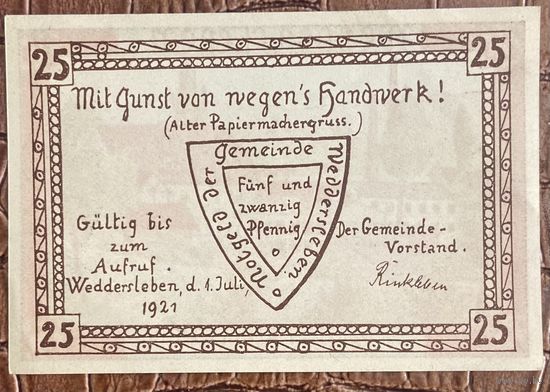 Нотгельд 25 пфеннигов 1921 год. Веддерслебен,. Веймарская республика