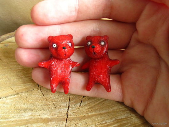 Красные медвежата. Серьги лже-плаги (мед.сплав)