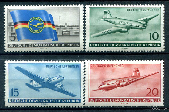ГДР - 1956г. - Авиация - 4 марки - полная серия, MNH, последняя марка с отпечатком на клее [Mi 512-515]. #1-GG-18-A-1