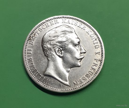 Германия. 3 марки. 1909 год. Вильгельм II. Пруссия. Серебро