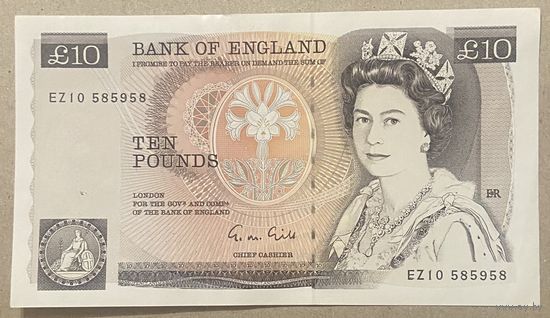 Банкнота 10 фунтов с 1988 по 1991 год. Великобритания.  главный кассир Г.М. Гиллом (G.M. Gill) НЕ БЫЛА В ОБОРОТЕ. Интересный номер.