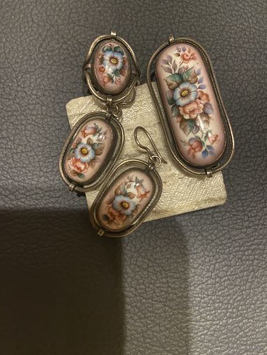 Финифть винтаж СССР комплект брошь, кольцо, серьги