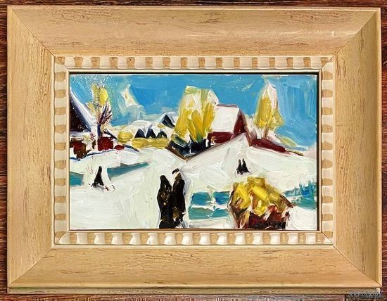 Щемелёв Л.Д "Зимнее утро под Минском", 1986г. К/М, Размер 18х29,5 см.